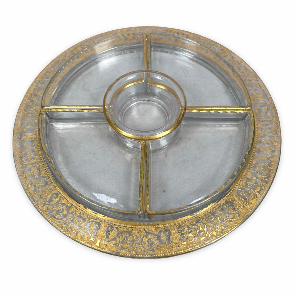 Vintage Art Deco 5 Piece Divided Serving Dish 12.5" Clear Glass with Gold Trim